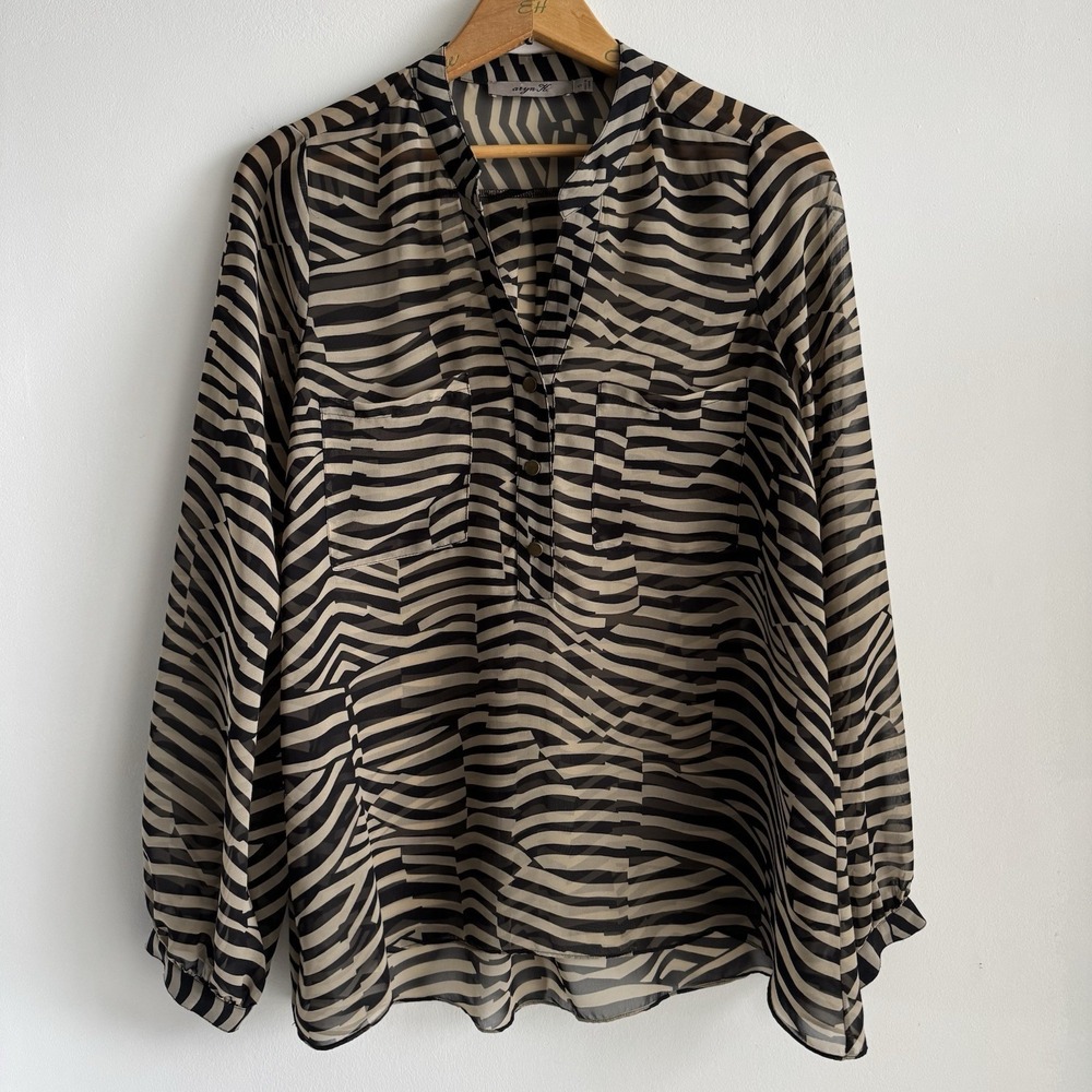 Aryn K Sheer Zebra Print Chiffon Blouse Notch Neck Pocket Top Small